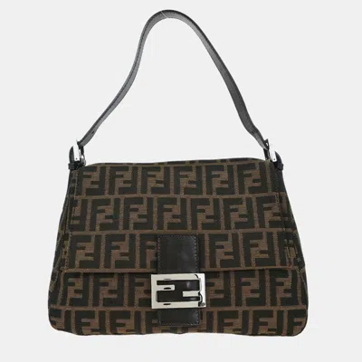 Pre-owned Fendi Brown Canvas Zucca Mamma Baguette Handbag In Black