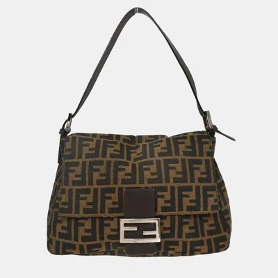 Pre-owned Fendi Brown Canvas Zucca Mamma Baguette Handbag In Black