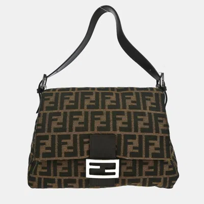 Pre-owned Fendi Brown Canvas Zucca Mamma Baguette Handbag In Black