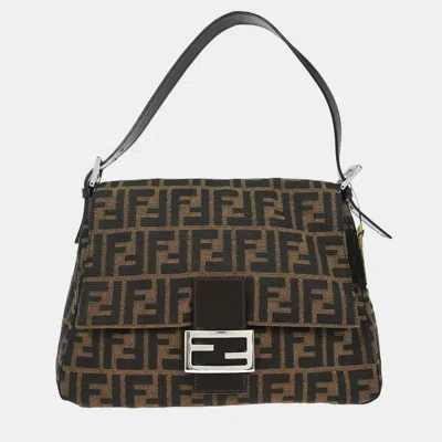 Pre-owned Fendi Brown Canvas Zucca Mamma Baguette Handbag In Black
