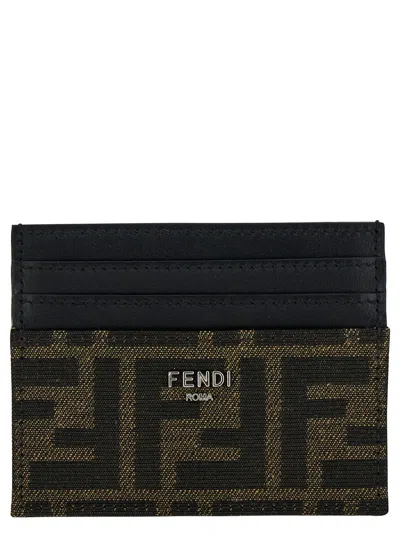 Fendi Brown Card-holder With Metal Lettering In Leather And Ff Canvas Man