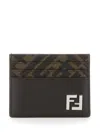 Fendi Brown Card-holder With Squared Ff Motif In Leather And Ff Canvas Man In Brown