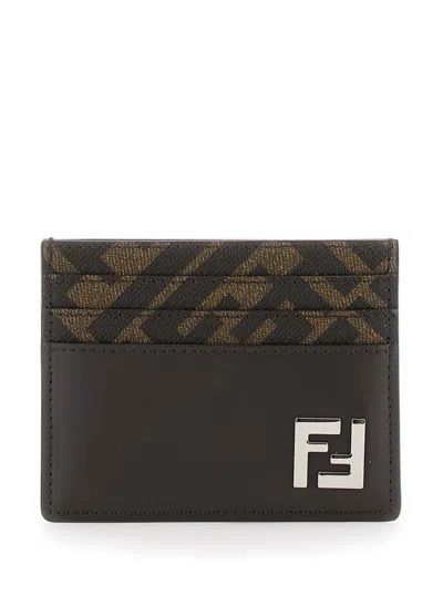 FENDI FENDI MEN BROWN CARD-HOLDER WITH SQUARED FF MOTIF IN LEATHER AND FF CANVAS MAN