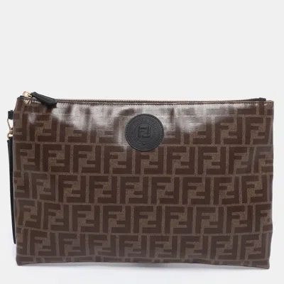 Pre-owned Fendi Brown Coated Canvas Ffreedom Flat Pouch Bag