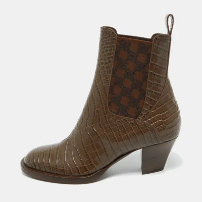 Pre-owned Fendi Brown Croc Embossed Leather Karligraphy Ankle Boots Size 36