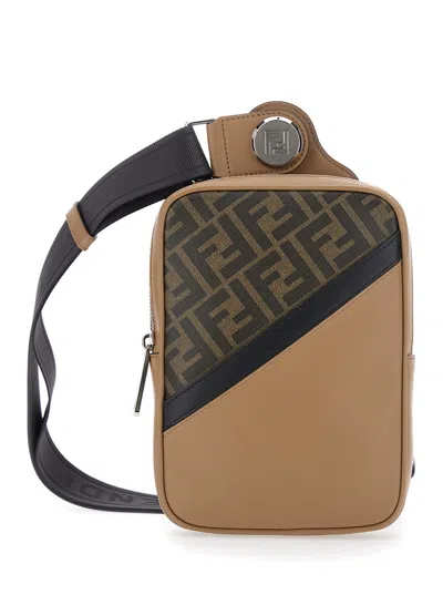 Fendi Brown Crossbody Bag With Logo Plaque On The Front And Shoulder Strap In Ff Canvas And Leather  In Multicolor