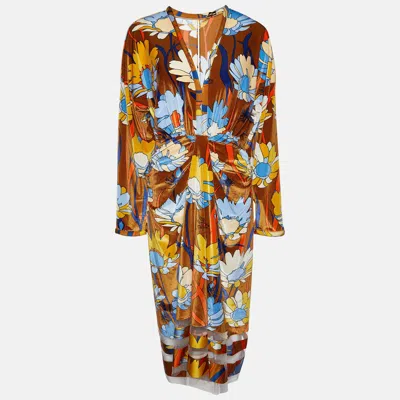 Pre-owned Fendi Brown Daisy Print Chenille Draped Midi Dress S