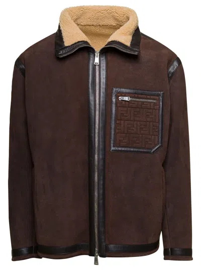 FENDI BROWN EMBOSSED LOGO JACKET