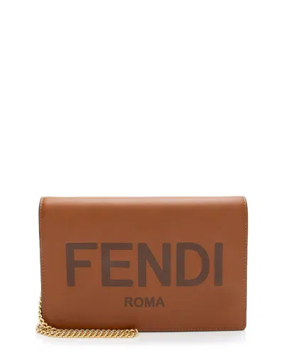 Pre-owned Fendi Brown Embossed Vitello King Logo Wallet On Chain (authentic Pre-loved)