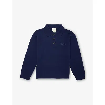 Fendi Kids' Brown Embroidered-logo Long-sleeve Knitted-wool Polo Top 8-12 Years In Blue