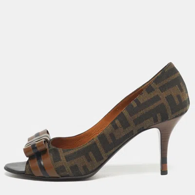 Pre-owned Fendi Brown Ff Canvas Bow Peep Toe Pumps Size 36