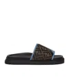 Fendi Brown Ff Jacquard And Light Blue Leather Slides In Black