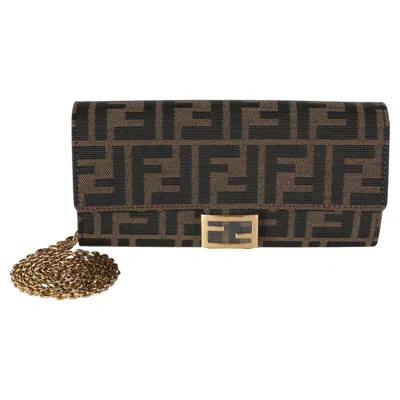 Pre-owned Fendi Brown Ff Jacquard Canvas Baguette Wallet On Chain