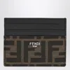 Fendi Men Leather Card Holder With Ff Jacquard Fabric Inserts In Brown