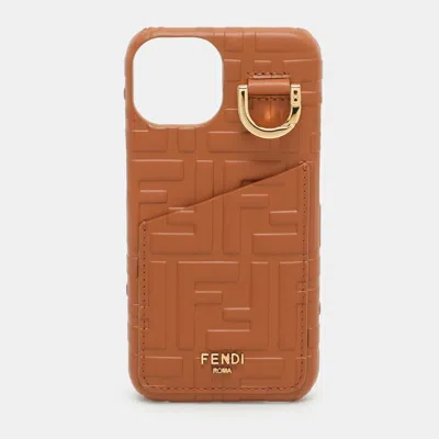 Pre-owned Fendi Brown Ff Leather Iphone 14 Phone Case