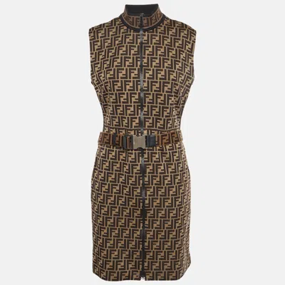 Pre-owned Fendi Brown Ff Logo Cotton Knit Sleeveless Dress M