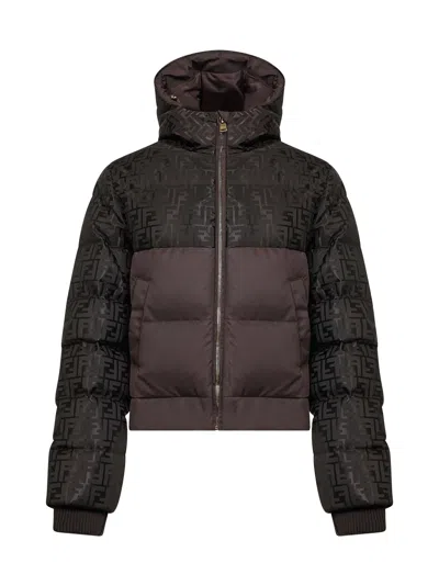 Fendi Women Brown Down Jacket With Drawstring Hood And Ff Motif In Tech Fabric Woman