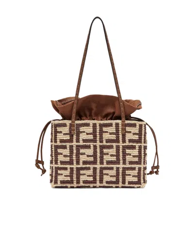 Fendi Brown Ff Raffia Crochet Shopper With Pouch