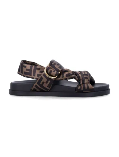 Fendi Brown Ff Satin Feel Sandals In Black
