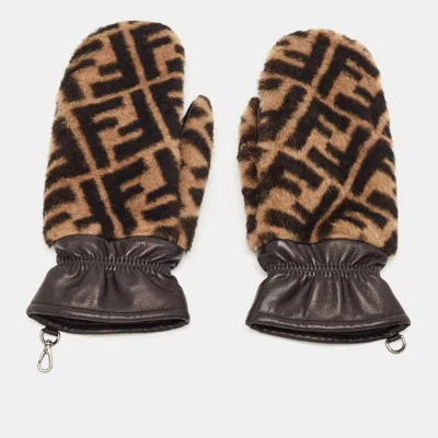 Pre-owned Fendi Brown Ff Shearling And Leather Gloves