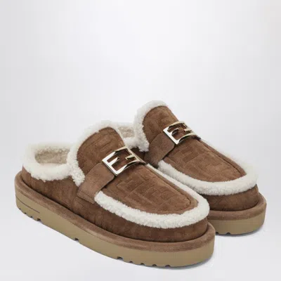 FENDI BROWN FF SUEDE AND SHEARLING APRES CHIC SABOTS