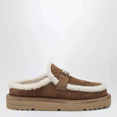 FENDI FENDI BROWN FF SUEDE AND SHEARLING APRES CHIC SABOTS WOMEN
