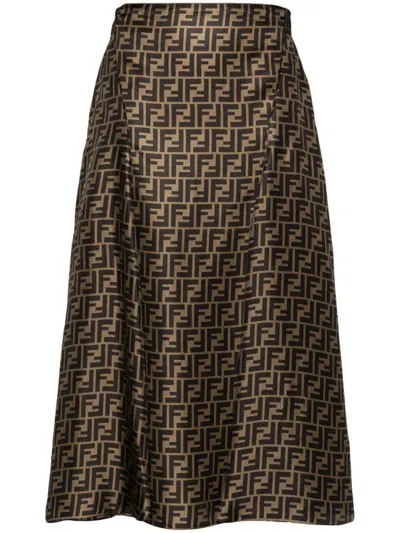 FENDI BROWN FF-PATTERN PRINT MIDI SKIRT
