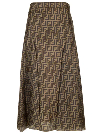 Fendi Women Embroidered Silk Skirt In Brown