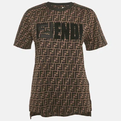 Pre-owned Fendi Brown Ff Zucca Logo Print Cotton Crewneck T-shirt Xxs