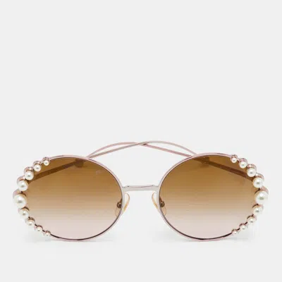 Pre-owned Fendi Brown Gradient Ff0295/s Pearl Embellished Round Sunglasses