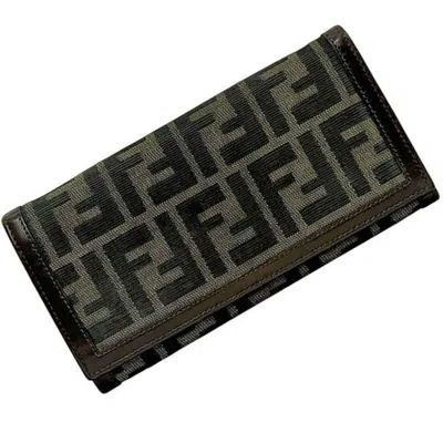 Pre-owned Fendi Brown Green Khaki Canvas Leather Long Wallet (bi-fold) ()