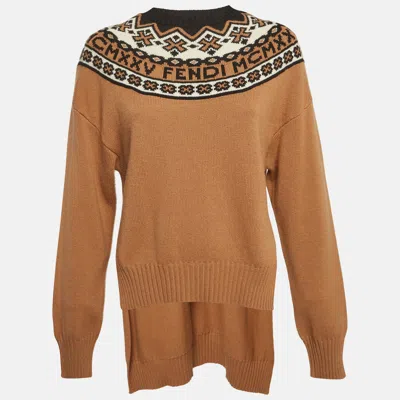 Pre-owned Fendi Brown Intarsia Wool Intarsia Rib Knit High-low Sweater M