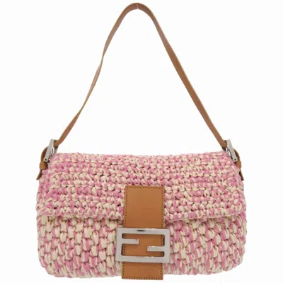 Pre-owned Fendi Brown Ivory Pink Straw Cotton Leather Handbag Shoulder Bag ()