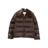 Fendi Women Brown Down Jacket With Shearling Collar And Logo Patch On The Front In Tech Fabric Woman In Brown