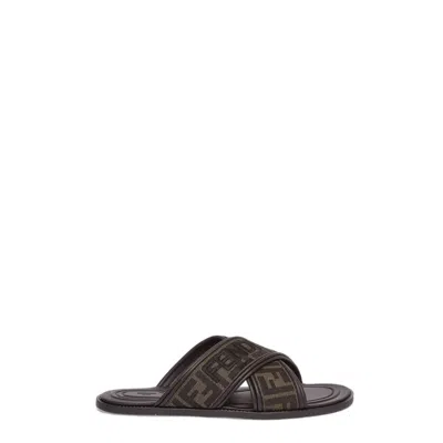 Fendi Crossed Slide Sandals With Logo Detail In Brown