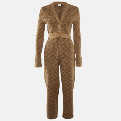 Pre-owned Fendi Brown Jacquard Knit Cardigan And Trousers Set M/s