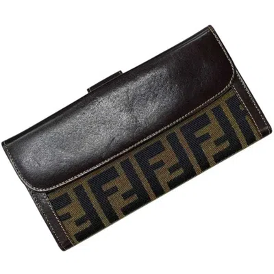 Pre-owned Fendi Brown Khaki Canvas Leather Long Wallet (bi-fold) () In Brown, Khaki