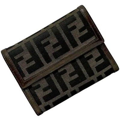 Pre-owned Fendi Brown Khaki Canvas Leather Wallet (tri-fold) () In Multi
