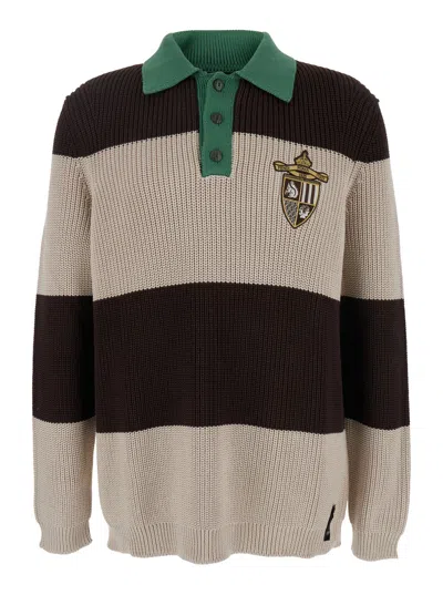 FENDI FENDI MEN BROWN KNITTED POLO WITH STRIPED MOTIF AND FENDI CLUB PATCH ON THE FRONT IN COTTON MAN