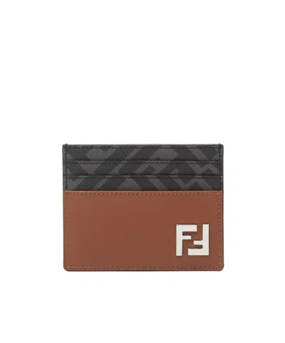 Fendi Brown Leather And Black Ff Canvas Card Holder