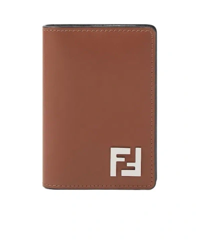 Fendi Brown Leather And Black Ff Canvas Card Holder