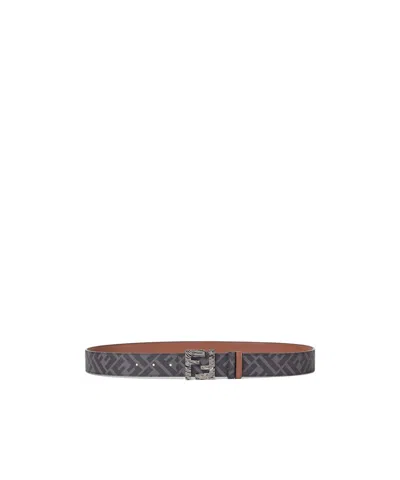 Fendi Brown Leather And Black Ff Canvas Reversible Belt