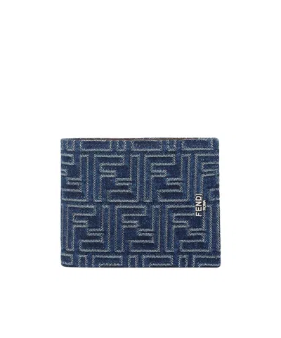 Fendi Brown Leather And Blue Denim-effect Ff Jacquard Bi-fold Wallet
