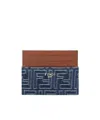 Fendi Blue Denim Effect Ff Jacquard Card Holder And Brown Leather Men In Blue