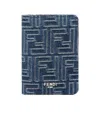Fendi Card Holder In Jacquard Ff Blue Denim Effect And Brown Leather Men In Blue