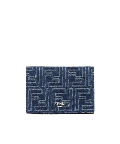 Fendi Brown Leather And Blue Denim-effect Ff Jacquard Card Holder