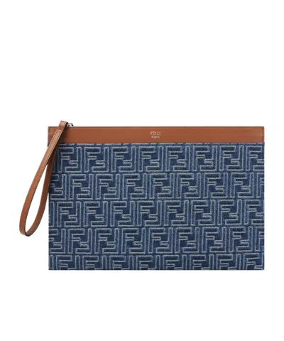 Fendi Brown Leather And Blue Denim-effect Ff Jacquard Pouch