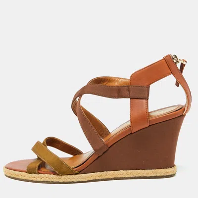Pre-owned Fendi Brown Leather And Fabric Criss Cross Wedge Sandals Size 37