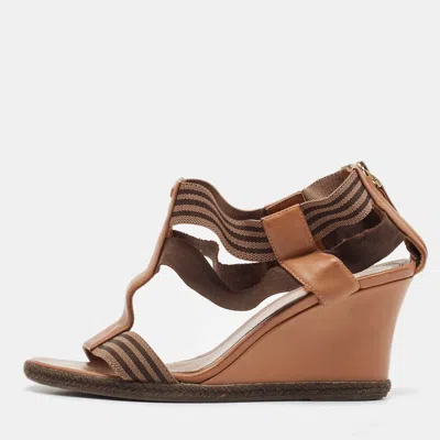 Pre-owned Fendi Brown Leather And Stretch Fabric Wedge Sandals Size 37