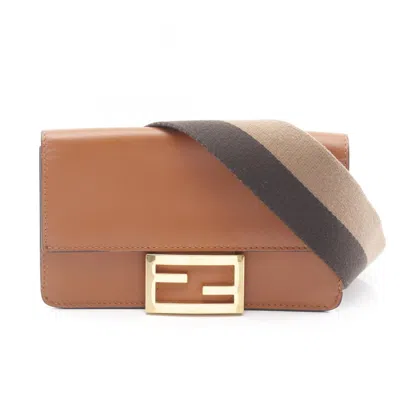 Pre-owned Fendi Brown Leather Canvas Baguette Bag Shoulder Bag ()